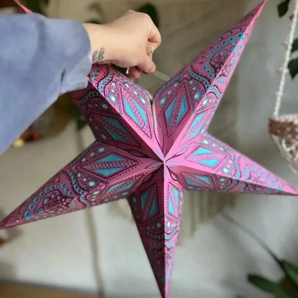 20” Pink Paper Star Lantern | Boho Hanging Light Décor christmas holiday - Picture 2 of 8